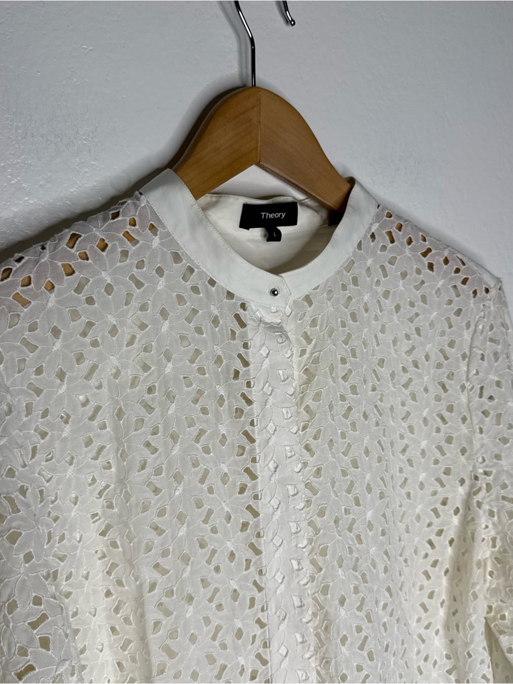 Theory Daisy Eyelet Cotton-Silk Combo Shirt MSRP $364 Sz L - Picture 4 of 10